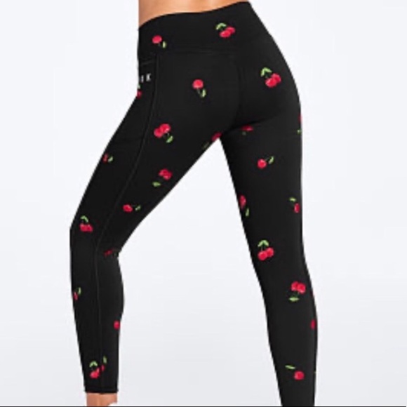 PINK Victoria's Secret Pants - VS Pink Cherry print black athletic leggings
